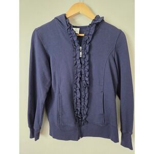 Silverwear Navy Blue Ruffle Trim Zip Up Hoodie Sweatshirt Small Cotton Blend